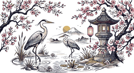 Fototapeta premium Generated on Hand drawn Heron birds with japanese lantern pagoda and sakura flowers, elegant long leg birds in asian culture vector art on white background