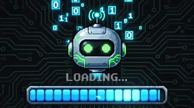 Pixelated robot with flowing binary code and loading bar, symbolizing digital progress and system updates