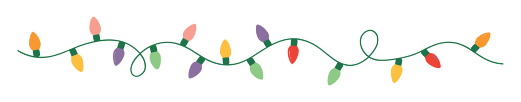 Hand-drawn string of colorful christmas lights on a green wire on transparent background