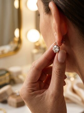 Woman putting on a diamond earring in a vanity mirror setting elegant style