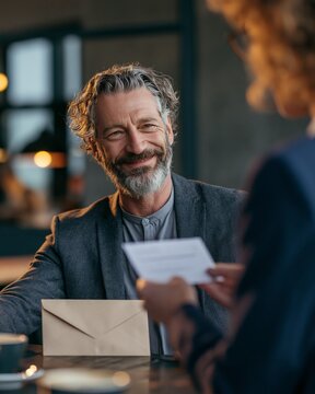 Office manager giving recognition card to employee in small meeting space