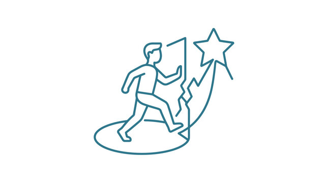 A line art illustration of a person stepping forward towards a rising star symbol.