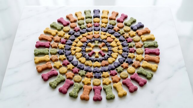 Colorful dog treats arranged in a circular mandala pattern. dog biscuit ideas