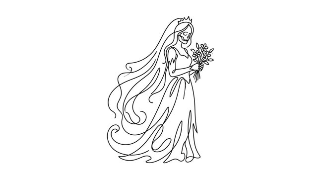 Minimalist line art illustration of a skeletal bride holding a bouquet of flowers.