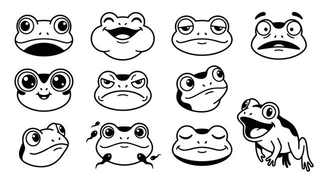 Set of cartoon frog faces with different expressions, happy, sad, angry, surprised, and neutral emotions, simple line art vector illustration