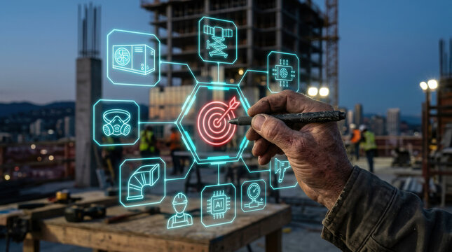 Close up of a construction foreman's calloused hand using a stylus to interact with a floating holographic digital interface on a construction site at dusk