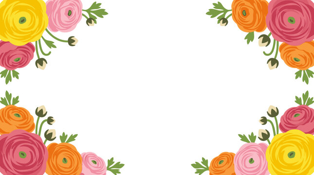 Colorful floral border with ranunculus flowers in pink, orange and yellow, pixel art style, spring bloom, decorative element