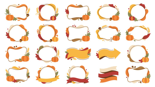 Autumn harvest frames and banners with pumpkins, leaves, and rustic textures, fall season decorative elements