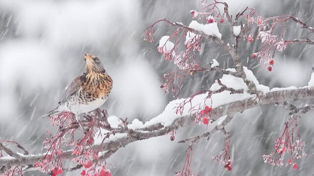 Fieldfare under snowstorm (Turdus pilaris)