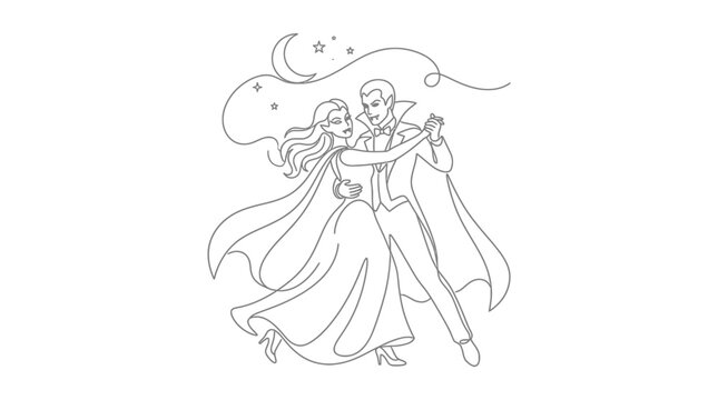 Line art illustration of a vampire couple dancing together under a crescent moon.