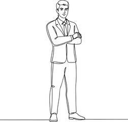 Fototapeta premium Continuous one line drawing of young handsome male flight attendant posing cross arm on chest. Professional job profession minimalist concept. Single line draw design vector illustration