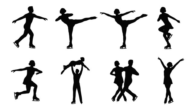 Set of figure skating silhouettes showing various poses and actions, dynamic athletic movements, winter sport performance, isolated on white