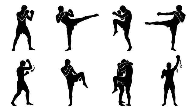 Set of martial arts fighter silhouettes performing various combat moves and poses, dynamic action, fight training, isolated on white