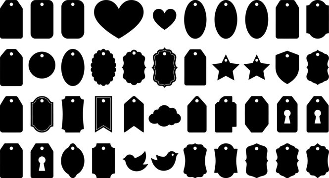 Collection of black tag and label silhouettes in various shapes and designs