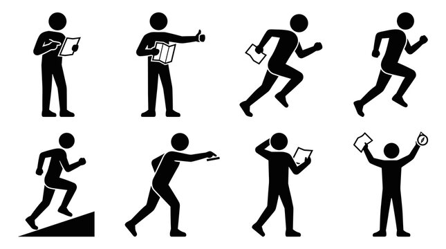Set of stick figures in motion and action poses, running and gesturing with clipboards and timers, isolated silhouettes on white
