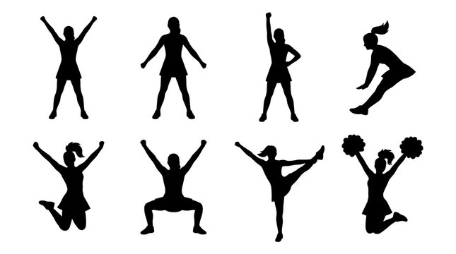 Set of cheerleading silhouettes in dynamic poses, jumping, stretching, and with pom-poms, vector illustration, isolated on white, symbolizing sport
