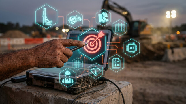 Close-up of a construction worker's calloused hand using a pointer to touch a futuristic holographic target interface over a rugged laptop at an outdoor construction site at dusk