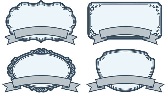 Set of four vintage ornate frames with banners, decorative border elements, retro invitation design, pixel art emblems