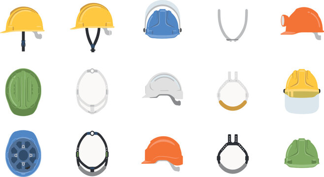 Hard Hat and Safety Helmet Icon Set with Construction Headwear, Mining Caps, Chin Straps, and Protective Shields for Industrial Site Safety Vector Illustration