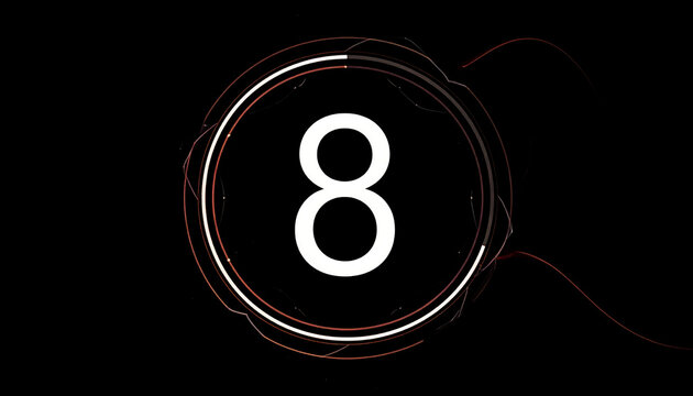 Countdown Timer Number 8 with Futuristic Circular Motion Graphics and Abstract Light Streaks on Black Background
