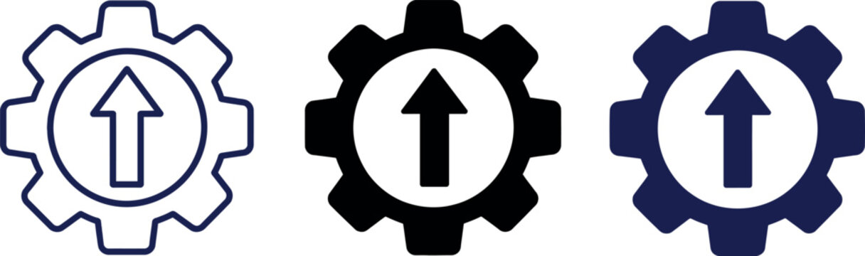 Set of gear icons with upward arrows representing business growth and technical optimization steps.