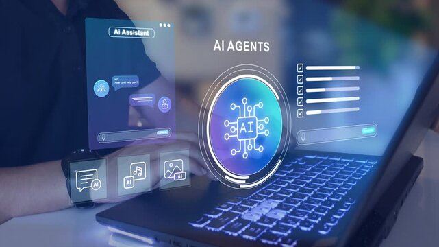 AI agents concept. AI agent icons, intelligent automation, digital assistant system and smart workflow management.