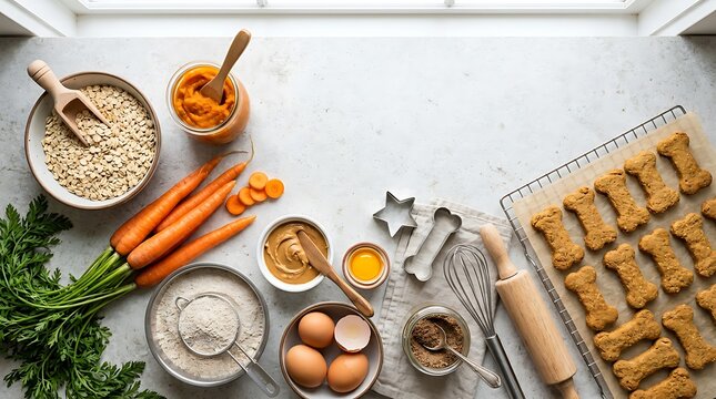 Homemade dog biscuits with organic carrots and eggs on a kitchen table. dog biscuit ideas