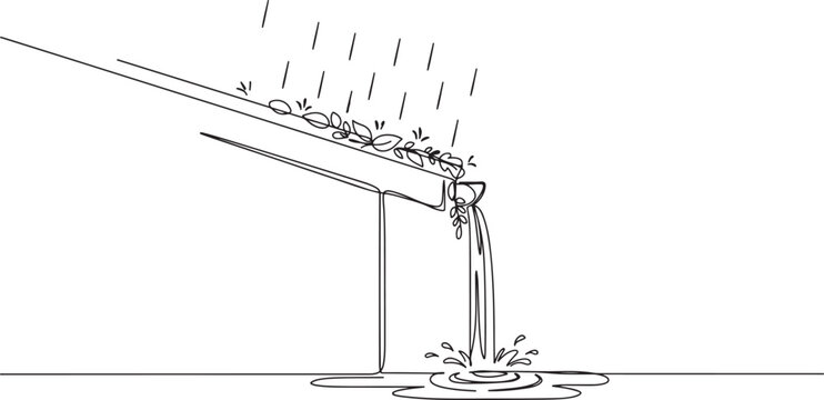 rainwater overflowing from a clogged gutter during a heavy storm. Single line draw design vector illustration