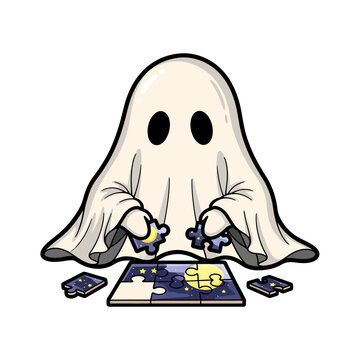 Cartoon Ghost Completing a Puzzle