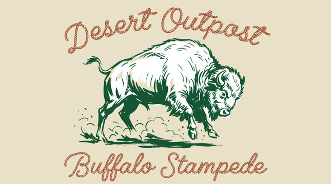 Desert Outpost. Buffalo stampede vintage artwork. Western cowboy tshirt design.