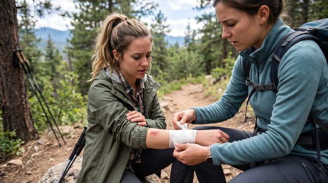 Female hiker providing first aid and bandaging injured companion in forest