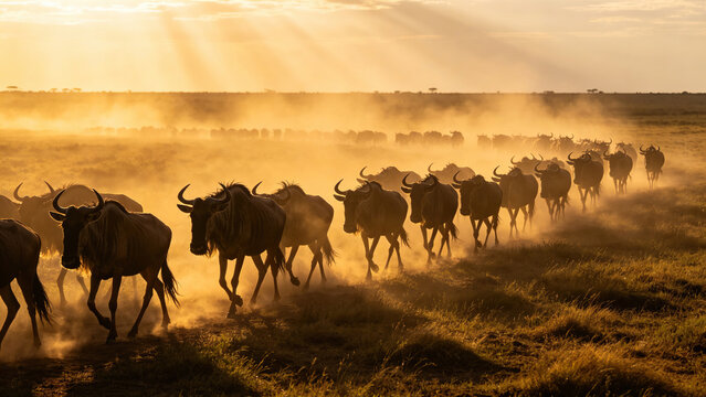 Wildebeest herd migrating in golden hour dust clouds.
