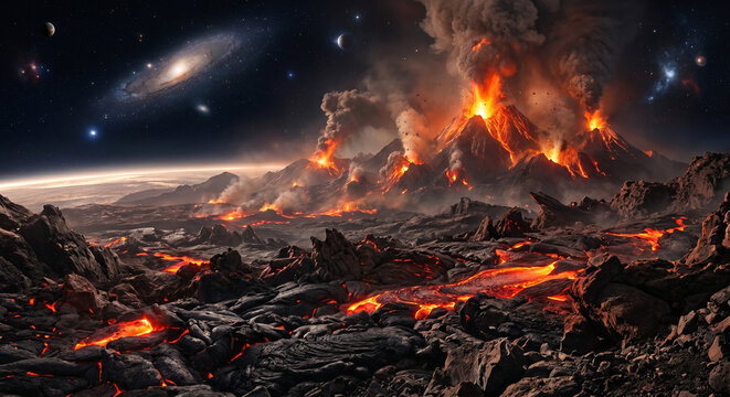 Erupting volcanic alien planet surface with spiral galaxy and stars in the night sky