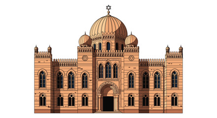 Obraz premium Architectural illustration of a grand synagogue facade with multiple domes, ornate arched windows, and a Star of David on top.