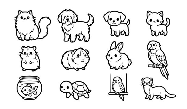 Cute kawaii domestic pet animals collection line art vector coloring page