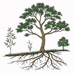 Fototapeta premium Hand drawn of trees in different growth stages with green leaves, brown trunks and visible root systems on a white background