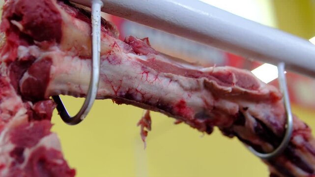 Fresh beef leg cuts with marrow bones displayed on butcher counter for rich homemade bone broth soups and traditional slow cooked recipes