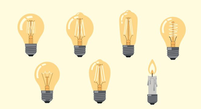 Progression of lighting technology showing different types of vintage Edison light bulbs alongside a traditional lit candle.