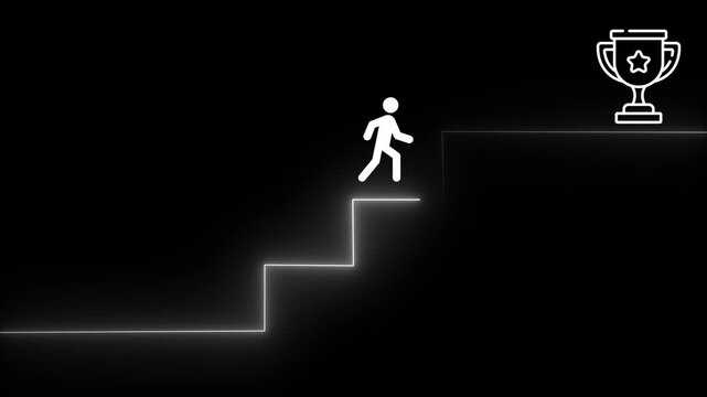 Stick Figure Climbing Steps three Towards Trophy Icon Representing Business Success Career Growth Personal Development Motivation And Reaching High Life Goals
