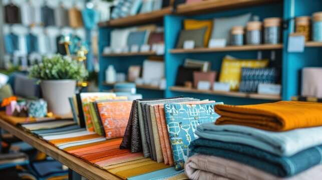A colorful display of folded fabrics and swatches neatly arranged on a wooden table in a vibrant textile shop.