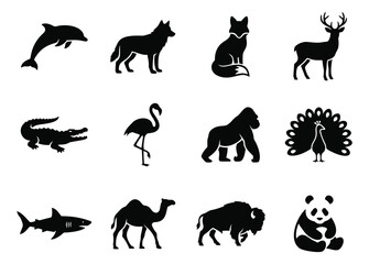 Fototapeta premium Silhouette icon set of 12 wild animals featuring dolphin, wolf, fox, deer, crocodile, flamingo, gorilla, peacock, shark, camel, bison and panda for nature design