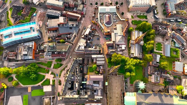 Aerial view of Coventry, a city in central England known for the medieval Coventry Cathedral and statue of lady Godiva