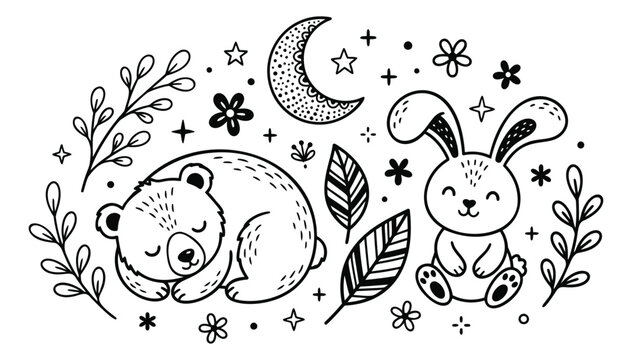 Outline illustration of sleeping bear and bunny rabbit depicting a cozy nighttime scene with moon and stars for nursery and children design