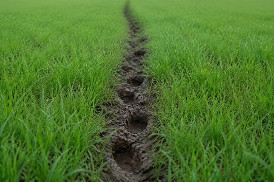 A field of bright green grass with a trail of muddy footprints cutting through the center.