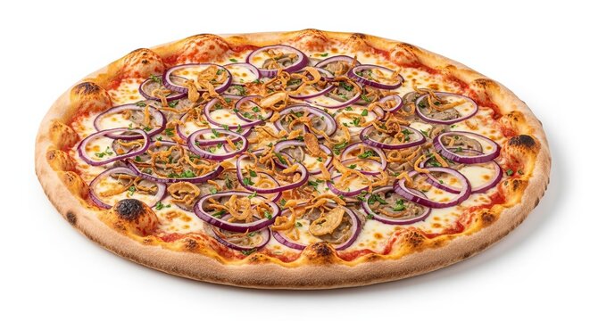 Delicious pizza with red onion and herbs on white background.