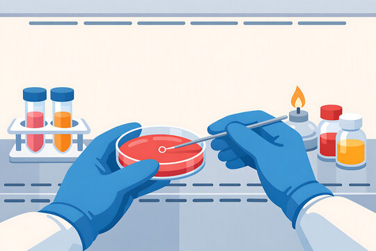 Microbiology Scientist Researching Bacteria Sample in Petri Dish with Inoculating Loop Vector Illustration