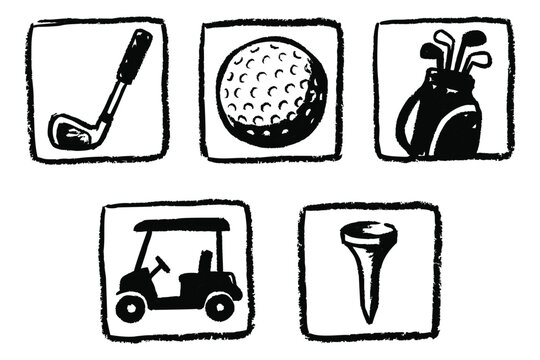 Sketch icon set of 5 golf equipment symbols featuring club, ball, bag, cart and tee for sports design