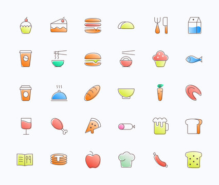 Food vector offset icon set. Thin line colorful food icons.