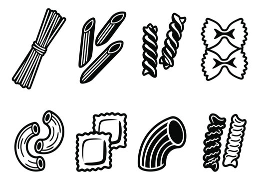 Outline icon set of 8 pasta types featuring spaghetti, penne, fusilli, farfalle, macaroni, ravioli, rigatoni and rotini for food design