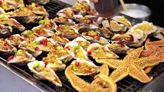 Fresh oysters topped with garlic and chili are being grilled, with starfish and sauce bottle present.